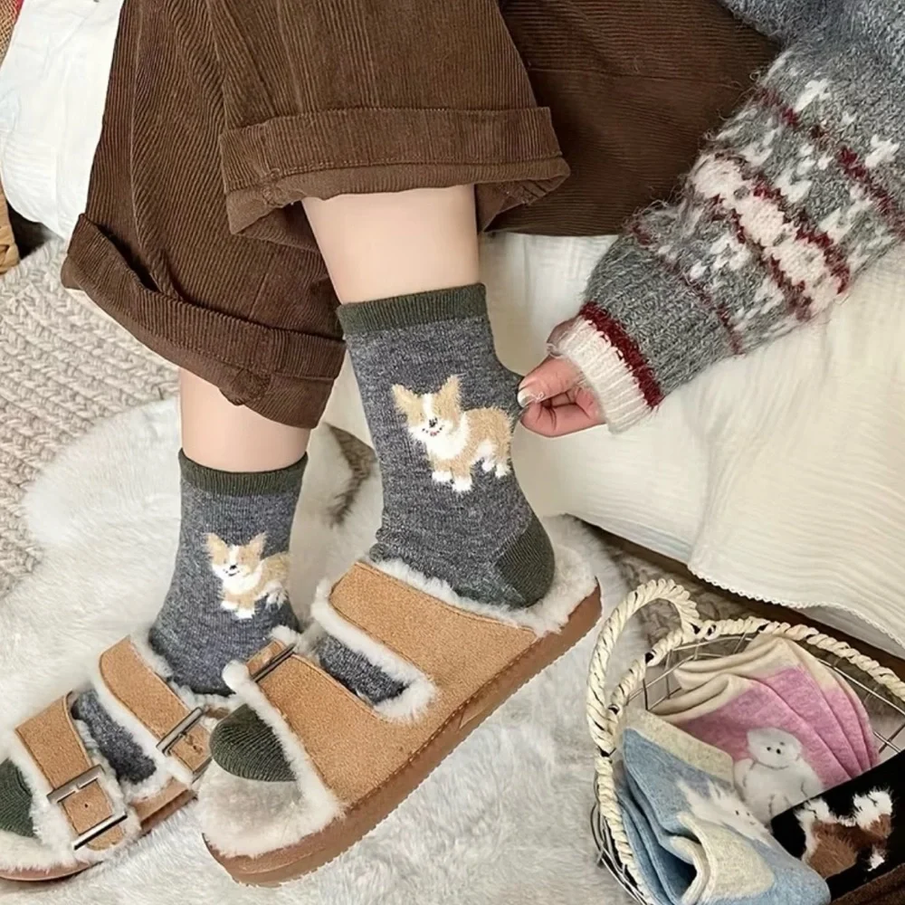 Women’s Socks  & Hosiery 4 Pairs Fuzzy Puppy Pattern Socks Warm Mid Tube Socks